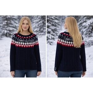 Tommy Hilfiger Womens Navy Blue Fair Isle Cable Knit Sweater Small Logo Fuzzy